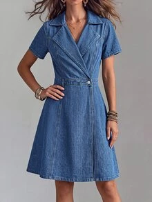 LUMIGAL Gaun Denim Kasual Lengan Pendek dengan Kerah Berlipat untuk Wanita - Biru - View 3