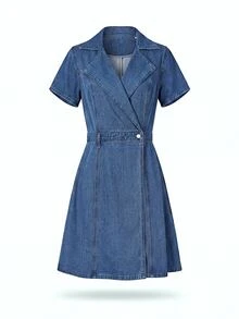 LUMIGAL Gaun Denim Kasual Lengan Pendek dengan Kerah Berlipat untuk Wanita - Biru - View 5