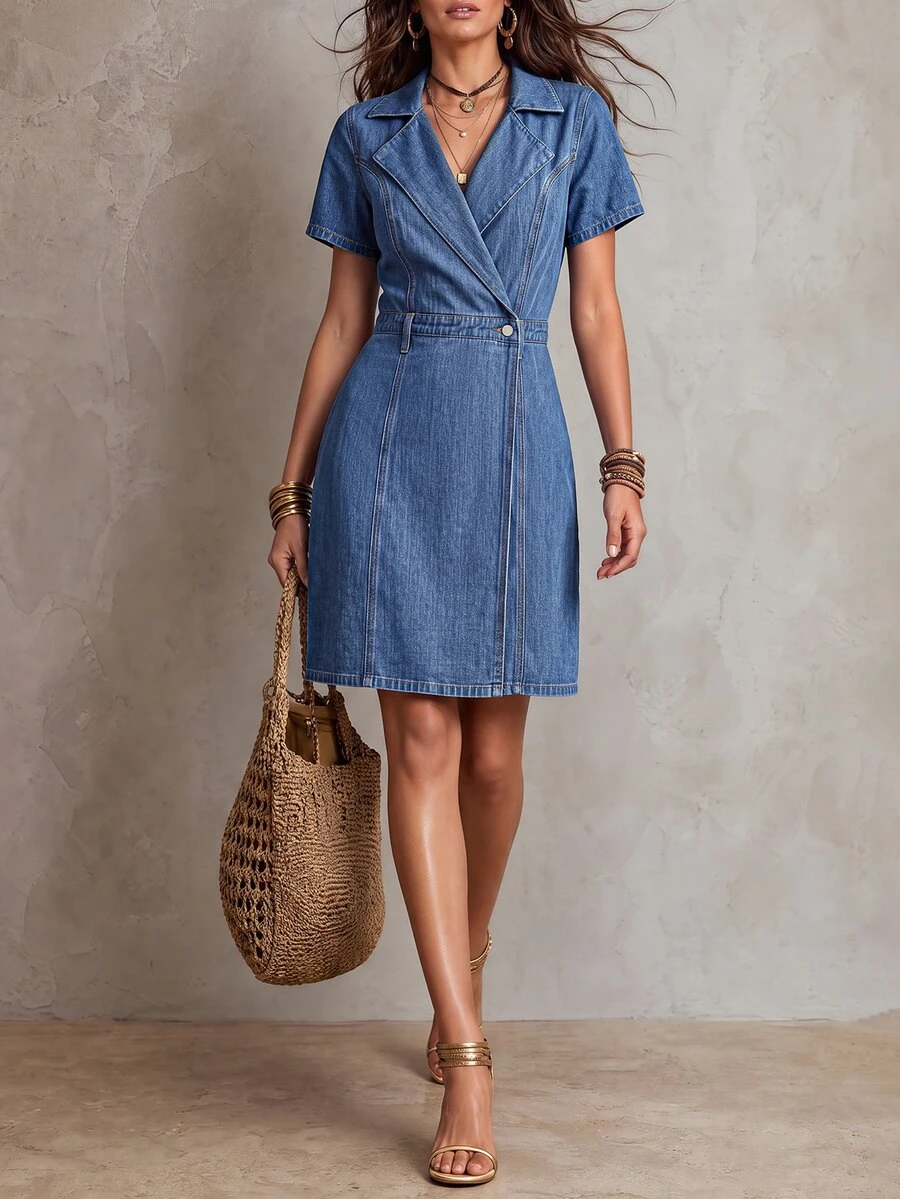 LUMIGAL Gaun Denim Kasual Lengan Pendek dengan Kerah Berlipat untuk Wanita - Biru - View 1