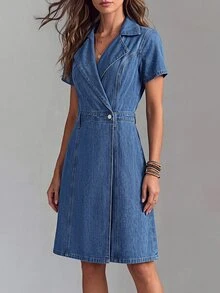 LUMIGAL Gaun Denim Kasual Lengan Pendek dengan Kerah Berlipat untuk Wanita - Biru - View 6