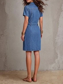 LUMIGAL Gaun Denim Kasual Lengan Pendek dengan Kerah Berlipat untuk Wanita - Biru - View 2