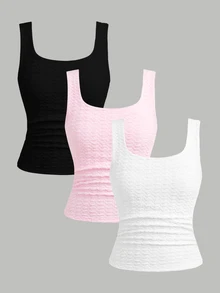 Girlism Kids Teen Girls Tank Tops & Camis 3pcs Textured Knit High Elastic Square Neck Ruched Waist Slim Fit All-Match Versatile Vest,White Top,Back To School - Multicolor - View 6