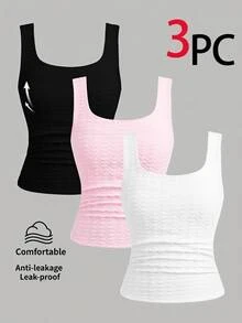 Girlism Kids Teen Girls Tank Tops & Camis 3pcs Textured Knit High Elastic Square Neck Ruched Waist Slim Fit All-Match Versatile Vest,White Top,Back To School - Multicolor - View 1