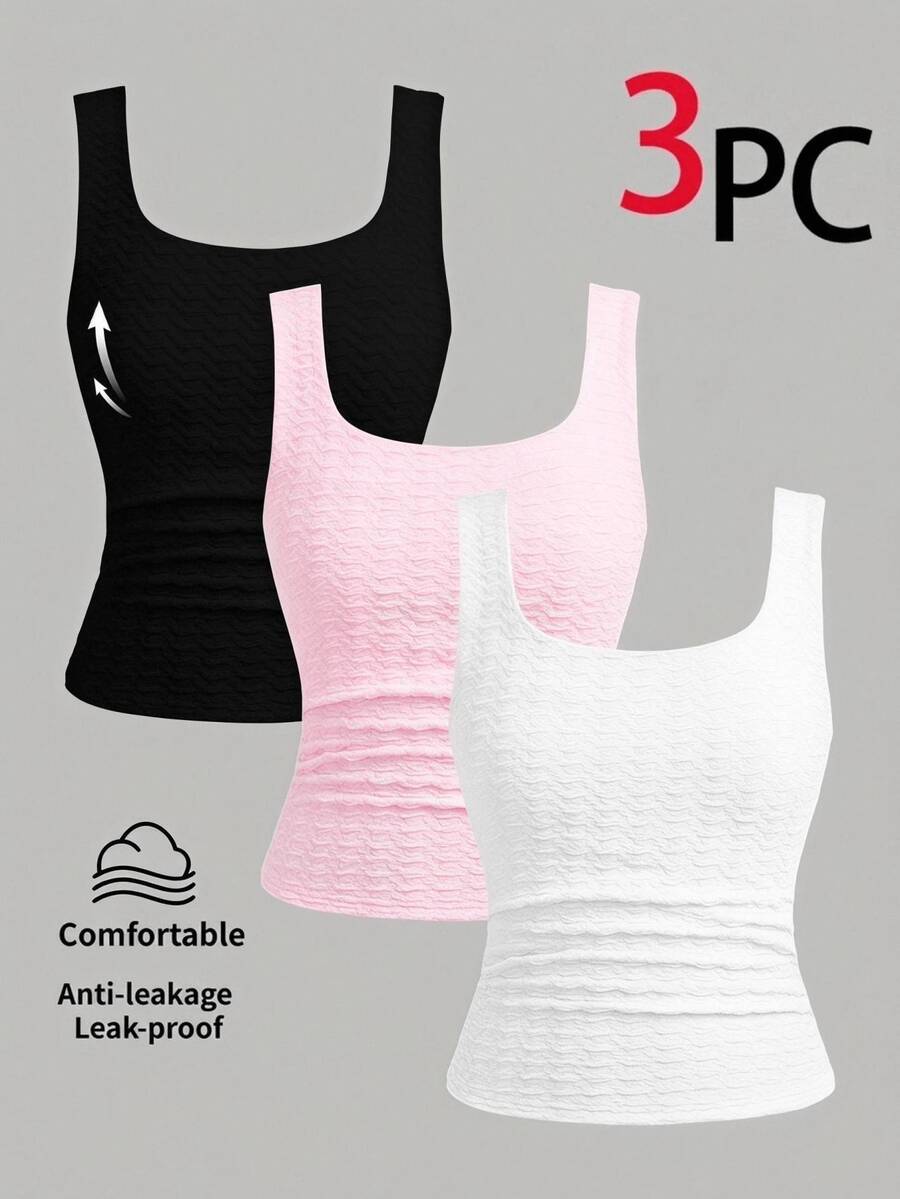Girlism Kids Teen Girls Tank Tops & Camis 3pcs Textured Knit High Elastic Square Neck Ruched Waist Slim Fit All-Match Versatile Vest,White Top,Back To School - Multicolor - View 1