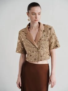 Aveloria Modichic Women's Jacket Slim Fit Cropped Textured Tweed Brown Sequin Embroidery Contrast Lapel Elegant Luxury Set Par Brunch Summer Bar Party Dinner - Multicolor - View 5