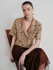 Aveloria Modichic Women's Jacket Slim Fit Cropped Textured Tweed Brown Sequin Embroidery Contrast Lapel Elegant Luxury Set Par Brunch Summer Bar Party Dinner - Multicolor - View 2