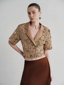 Aveloria Modichic Women's Jacket Slim Fit Cropped Textured Tweed Brown Sequin Embroidery Contrast Lapel Elegant Luxury Set Par Brunch Summer Bar Party Dinner - Multicolor - View 4