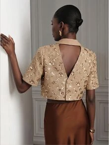 Aveloria Modichic Women's Jacket Slim Fit Cropped Textured Tweed Brown Sequin Embroidery Contrast Lapel Elegant Luxury Set Par Brunch Summer Bar Party Dinner - Multicolor - View 1