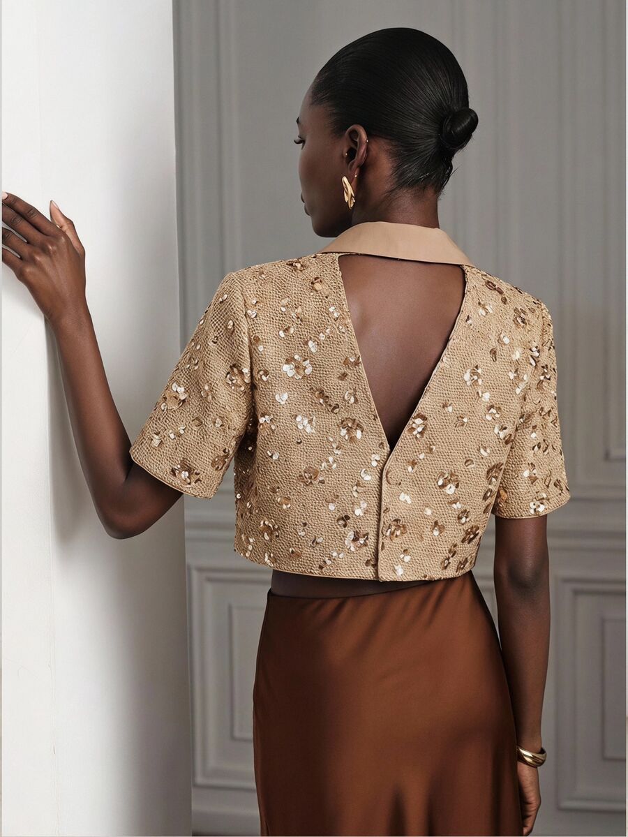 Aveloria Modichic Women's Jacket Slim Fit Cropped Textured Tweed Brown Sequin Embroidery Contrast Lapel Elegant Luxury Set Par Brunch Summer Bar Party Dinner - Multicolor - View 1