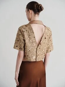 Aveloria Modichic Women's Jacket Slim Fit Cropped Textured Tweed Brown Sequin Embroidery Contrast Lapel Elegant Luxury Set Par Brunch Summer Bar Party Dinner - Multicolor - View 3
