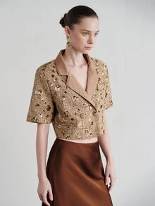 Aveloria Modichic Women's Jacket Slim Fit Cropped Textured Tweed Brown Sequin Embroidery Contrast Lapel Elegant Luxury Set Par Brunch Summer Bar Party Dinner - Multicolor - View 6