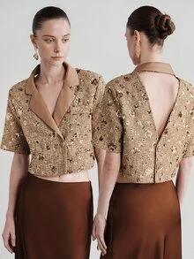 Aveloria Modichic Women's Jacket Slim Fit Cropped Textured Tweed Brown Sequin Embroidery Contrast Lapel Elegant Luxury Set Par Brunch Summer Bar Party Dinner - Multicolor - View 9