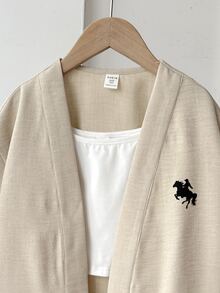 SHEIN Tween女孩四季穿著兒童極簡馬術圖案舒適襯衫短褲套裝 秋冬/四季穿著 - 卡其色 - 查看 8