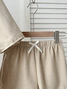 SHEIN Tween女孩四季穿著兒童極簡馬術圖案舒適襯衫短褲套裝 秋冬/四季穿著 - 卡其色 - 查看 10