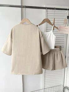 SHEIN Tween女孩四季穿著兒童極簡馬術圖案舒適襯衫短褲套裝 秋冬/四季穿著 - 卡其色 - 查看 7