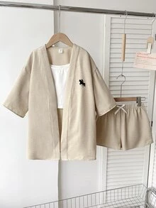 SHEIN Tween女孩四季穿著兒童極簡馬術圖案舒適襯衫短褲套裝 秋冬/四季穿著 - 卡其色 - 查看 6