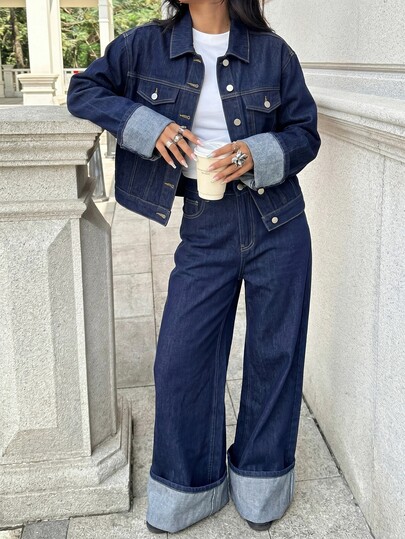 2Pcs Teen Girl Y2k Fashion Folded Design Dark Blue Denim Loose-Fitting Shirt And Comfortable Jeans