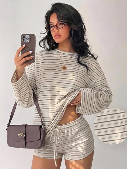 Aloruh Women's Early Autumn Casual Striped Crew Neck Long Sleeve Top And Drawstring Waist Shorts Two Pieces Set, Striped Outfit, Women's Autumn Clothing, Autumn Outfit, Women's Commute Outfit, Basic Top, Going Out Outfit, Airport Outfit