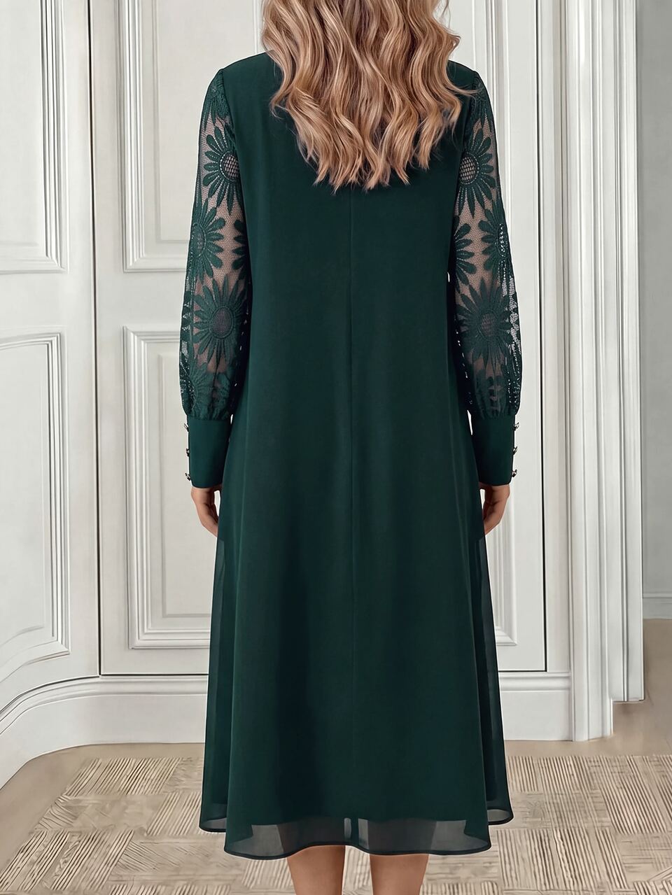 Elegant Luxury Chic, Lace Embroidery Rhinestone, Long Dress Chiffon, Dark Green A-Line, Formal Wedding Guest Party, Christmas Festival, Fall Winter