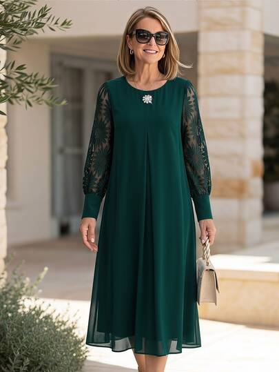 Miaspire Elegant Luxury Chic, Lace Embroidery Rhinestone, Long Dress Chiffon, Dark Green A-Line, Formal Wedding Guest Party, Christmas Festival, Fall Winter