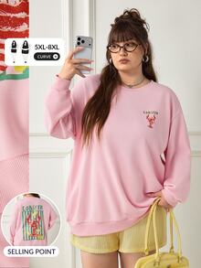 SHEIN CURVE+ 女款大尺碼粉綠色龍蝦條紋字母印花寬鬆衛衣，秋季休閒街頭風海灘度假圓領長袖套頭衫 - 粉色 - 查看 8