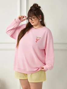 SHEIN CURVE+ 女款大尺碼粉綠色龍蝦條紋字母印花寬鬆衛衣，秋季休閒街頭風海灘度假圓領長袖套頭衫 - 粉色 - 查看 5