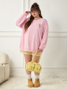 SHEIN CURVE+ 女款大尺碼粉綠色龍蝦條紋字母印花寬鬆衛衣，秋季休閒街頭風海灘度假圓領長袖套頭衫 - 粉色 - 查看 7
