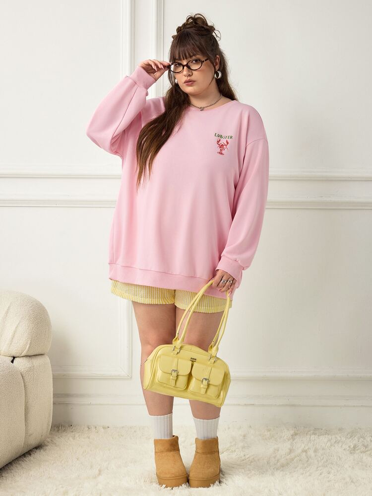 SHEIN CURVE+ Women's Plus Size Pink & Green Lobster Striped Letter Print Loose Sweatshirt, Autumn Casual Street Style Beach Vacation Crew Neck Long Sleeve Pullover - Pink - View 7