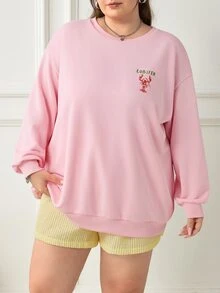SHEIN CURVE+ 女款大尺碼粉綠色龍蝦條紋字母印花寬鬆衛衣，秋季休閒街頭風海灘度假圓領長袖套頭衫 - 粉色 - 查看 4