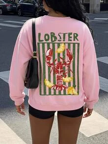 SHEIN CURVE+ 女款大尺碼粉綠色龍蝦條紋字母印花寬鬆衛衣，秋季休閒街頭風海灘度假圓領長袖套頭衫 - 粉色 - 查看 2