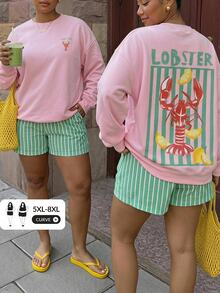 SHEIN CURVE+ 女款大尺碼粉綠色龍蝦條紋字母印花寬鬆衛衣，秋季休閒街頭風海灘度假圓領長袖套頭衫 - 粉色 - 查看 6