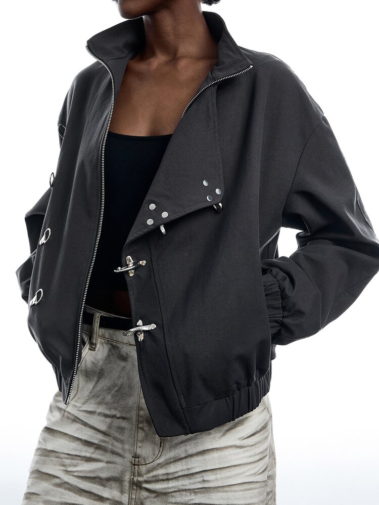 LYSMO Women's Solid Color Drop Shoulder Long Sleeve Casual Regular Fit Black Jacket With Airplane Buckle Fall Clothes For Women - Dark Grey - View 7