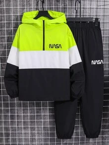 SHEIN 2件組青少年男孩休閒街頭風字母印花拼色連帽半拉鍊夾克與長褲套裝，舒適面料，適合秋冬、學校、家庭聚會、開學季、運動、玩耍、生日派對、拍照、度假、假日，運動舒適易穿搭 - 彩色 - 查看 3