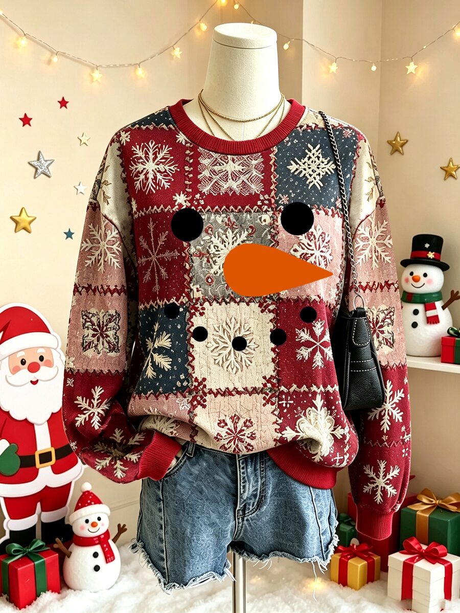 Lalippa 女款聖誕雪人印花運動衫,復古拼接雪花圖案套頭衫,休閒冬季節日街頭風 - 彩色 - 查看 1