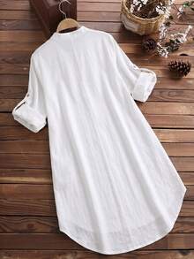 SHEIN LUNE CURVE 大尺碼純棉長袖捲袖不對稱下擺女款襯衫 - 白色 - 查看 2