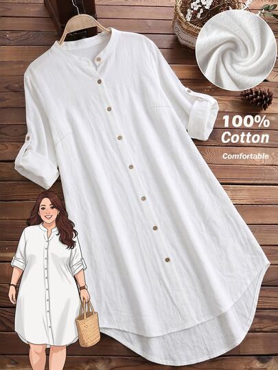 SHEIN LUNE CURVE Plus Size Pure Cotton Long Sleeve Roll-Up Asymmetrical Hem Women's Shirt