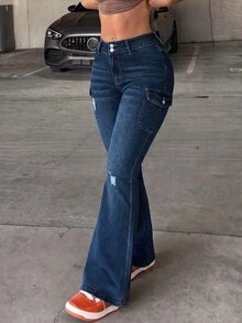 EMERY ROSE EMERY ROSE Plus Size Casual Washed Distressed Flare Leg Jeans Fall/Winter,Women High Waist Stretch Flare Jeans Distressed,Street Style,Halloween,Christmas,Y2k - Blue - View 3