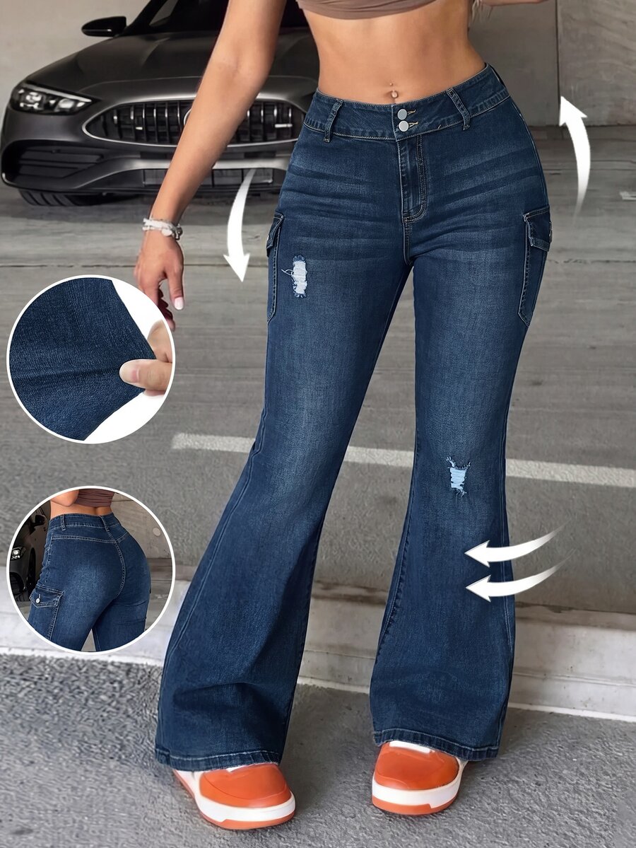 EMERY ROSE EMERY ROSE Plus Size Casual Washed Distressed Flare Leg Jeans Fall/Winter,Women High Waist Stretch Flare Jeans Distressed,Street Style,Halloween,Christmas,Y2k - Blue - View 1