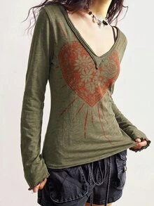 Bohemela Casual Solid Color Knit V-Neck Long Sleeve Women's T-Shirt - Army Green - View 5