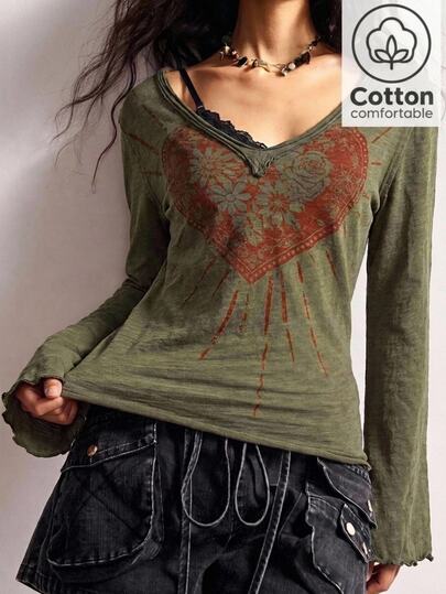 Bohemela Casual Solid Color Knit V-Neck Long Sleeve Women's T-Shirt