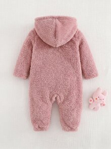 SHEIN Newborn Baby Girl Cute Casual Knitted Pink Duck Pattern Hooded Autumn Winter Romper - Pink - View 4