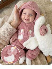 SHEIN Newborn Baby Girl Cute Casual Knitted Pink Duck Pattern Hooded Autumn Winter Romper - Pink - View 2