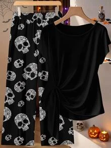EMERY ROSE Plus Size Women's Ruched Waist Top And Halloween Skull Print Pants 2 Pieces Set - Multicolor - View 1