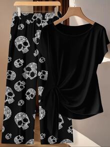 EMERY ROSE Plus Size Women's Ruched Waist Top And Halloween Skull Print Pants 2 Pieces Set - Multicolor - View 6