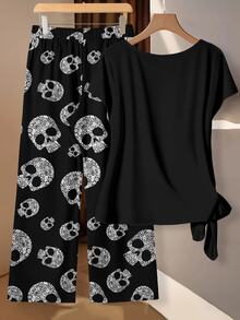 EMERY ROSE Plus Size Women's Ruched Waist Top And Halloween Skull Print Pants 2 Pieces Set - Multicolor - View 2