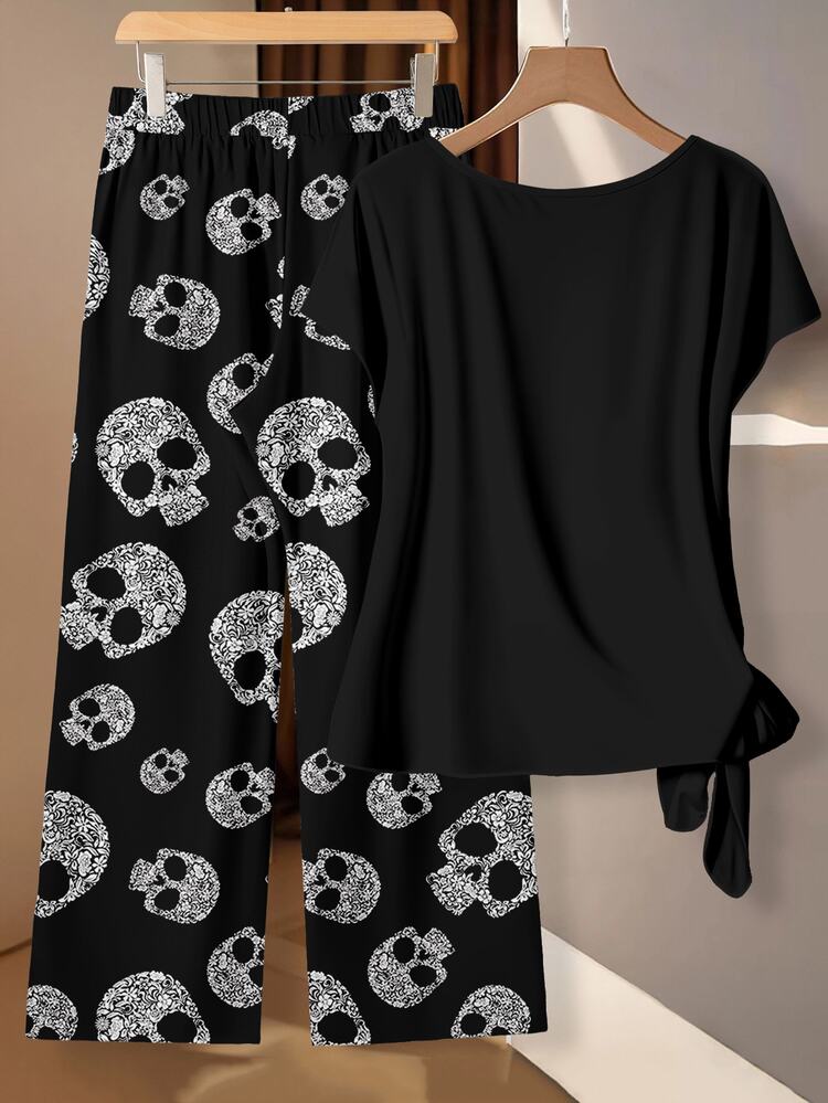 EMERY ROSE Plus Size Women's Ruched Waist Top And Halloween Skull Print Pants 2 Pieces Set - Multicolor - View 2