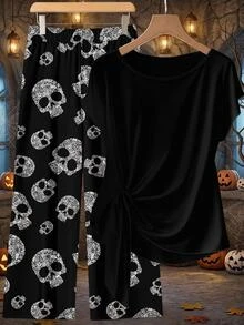 EMERY ROSE Plus Size Women's Ruched Waist Top And Halloween Skull Print Pants 2 Pieces Set - Multicolor - View 7
