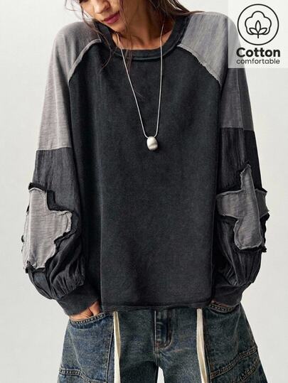 Bohemela Casual Knit Patchwork Crew Neck Long Sleeve Loose Fit Women's Sweatshirt