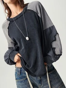 Bohemela 休閒針織拼接圓領長袖寬鬆女款運動衫 - 黑色 - 查看 2