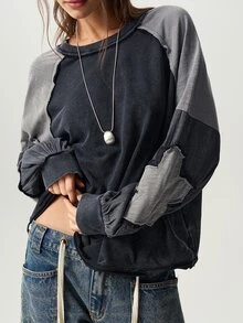 Bohemela 休閒針織拼接圓領長袖寬鬆女款運動衫 - 黑色 - 查看 4